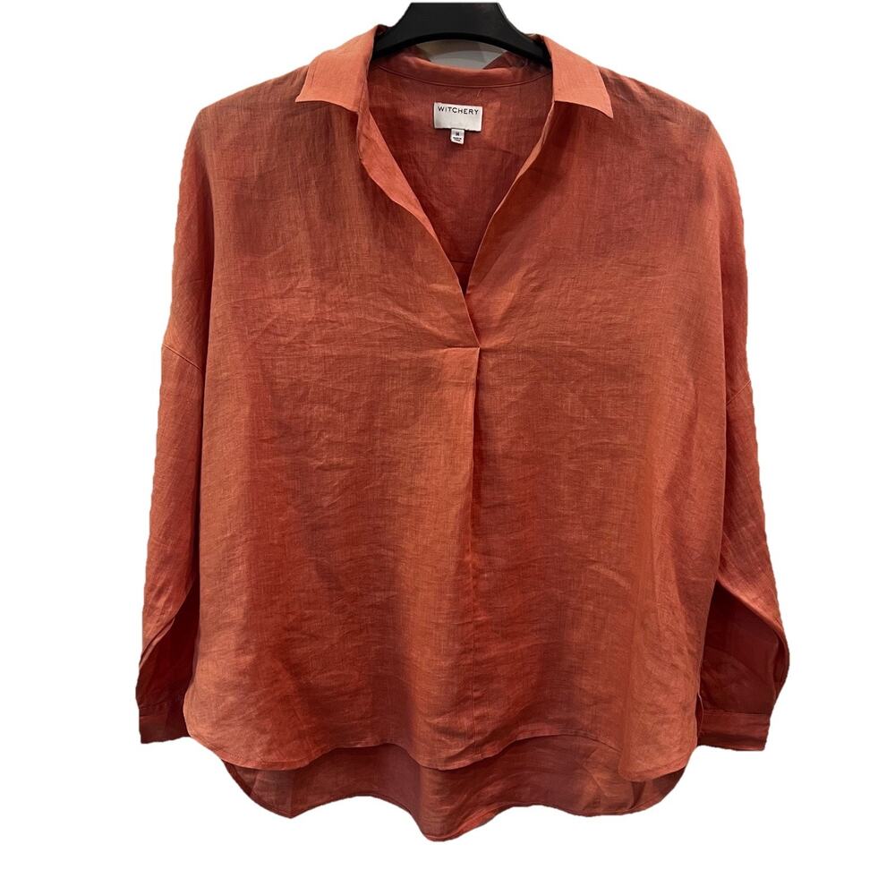 Witchery Women’s Blouse Linen Salmon Size 14‎ Flowy V Neck Roll Tab 3/4 Sleeves
